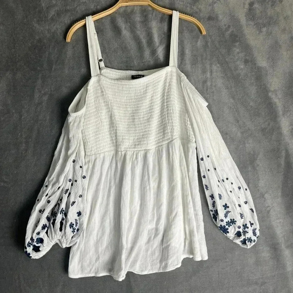 Torrid Size 1 Embroidered Off Shoulder Gauze Top Peasant Smocked Boho Cottage - Picture 1 of 7